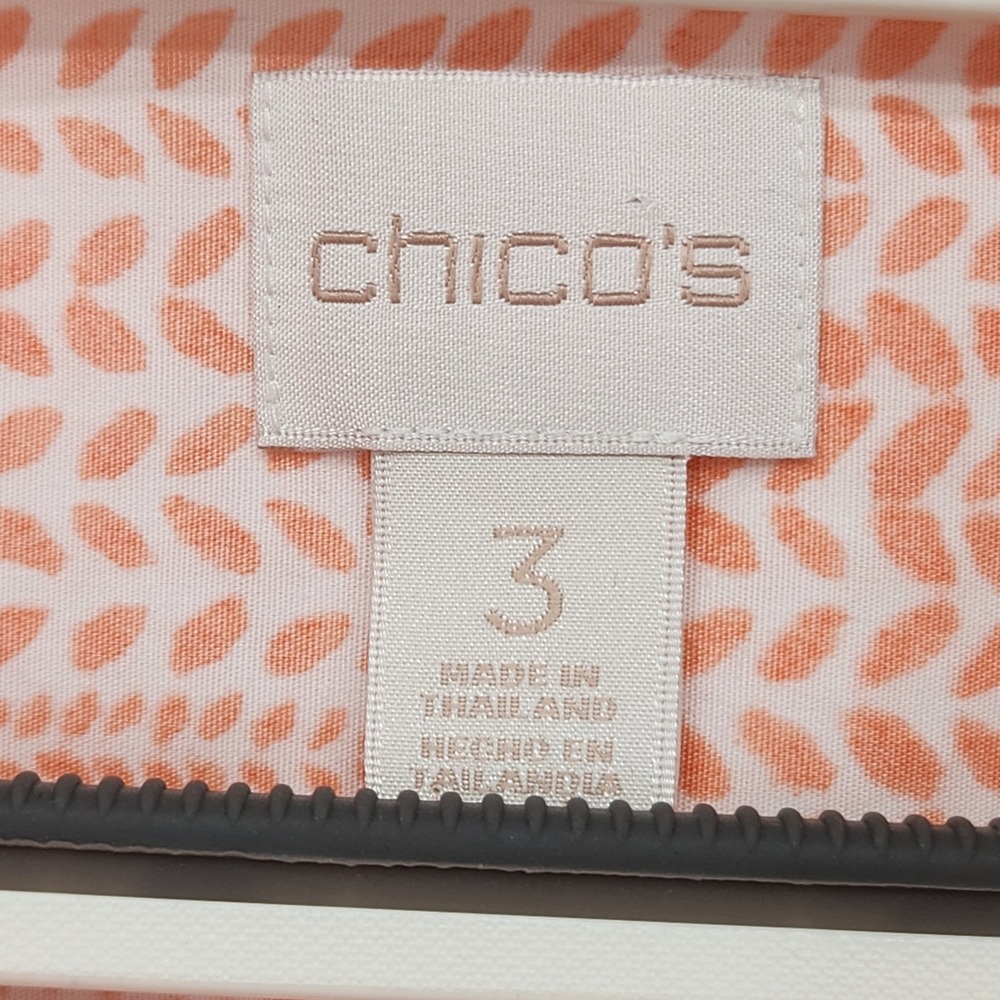Chicos Non Iron Cotton Button Down Shirt Roll Tab Sleeve Geometric Peach White 3 - Picture 2 of 9